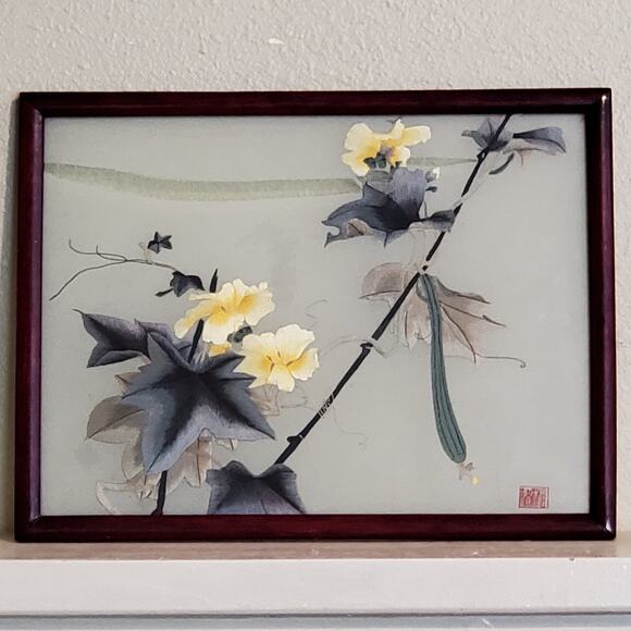 Chinese Silk Screen Embroidery Glass Inlaid Table Screen 16x12 Inch Framed - Picture 1 of 5